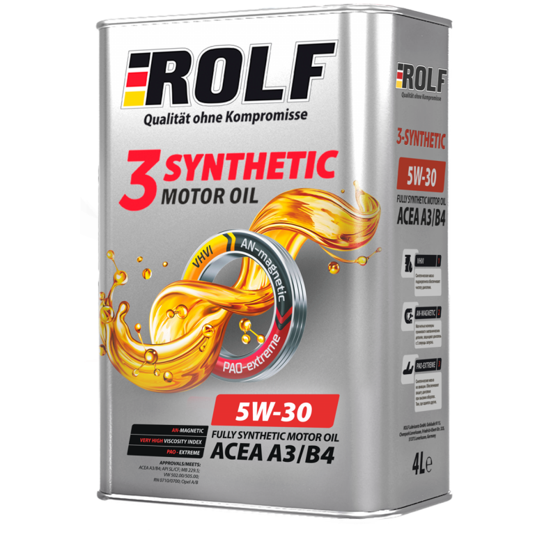 322733 Масло моторное синтетическое ROLF 3-SYNTHETIC  5W-30 ACEA A3/B4 , 4л (пластик) ROLF - detaluga.ru