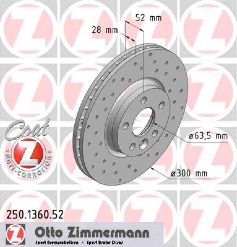 250136052 Диск тормозной передний 16", SPORT, перфорированный Zimmermann - detaluga.ru